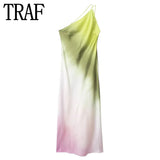 Yipinpay Tie Dye Long Dress Women Asymmertic Satin Backless Dress Woman Off Shoulder Sexy Evening Party Dresses Midi Summer Dresses