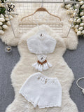 Yipinpay Bohemian Knit Two Pieces Suits Women Lace Up Halter Tassel Backless Tops+Hook Flower Hollow Out Shorts Sexy Beach Sets