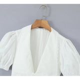 Yipinpay Summer Women Vintage Puff Sleeve Lapel Collar White Mini Dress Tie Bow Sashes Pleated Hem Female Cotton Robe