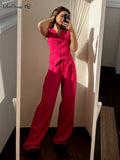 Yipinpay Pink Elegant Blazer 2 Pieces Sets High Waist Wide Leg Pants Suits Button Vest Outfit Office Ladies Women Summer 2023