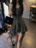 Yipinpay Fairy Grunge Ruffles Mini Dress Women Sexy Gothic V-neck Irregular Patchwork Backless Spaghetti Strap Dress Goblincore