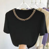Yipinpay for Women High End Short Sleeve Knitted T-Shirt 2023 Summer French Office Lady Style Tops Femme Chic Chain Neck Tees