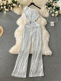 Yipinpay American Retro Sequin Jumpsuit Diagonal Collar Solid Long Wide Legs Pants Romper Elegant Backless Sexy Party Jumpsuits