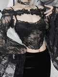 Yipinpay Goth Long Sleeve Smock Vintage Black Lace One Shoulder Grudge Aesthetic Overall Y2K Luxury Coquette Party Sexy Top