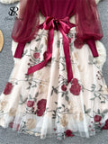 Yipinpay Senior Knitted Patchwork Dress Long Lantern Sleeves Bow Mesh Embroidery Floral Women Autumn France Elegant Party Dress