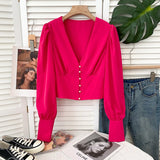 Yipinpay Women Blusas Casual Long Sleeve Elegant Sexy V-neck Blouses Ladies Buttons Crop Top Female Slim Fashion White Shirts