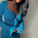 Yipinpay Womens Long Sleeve T-Shirts Solid Color Deep V-Neck Front Tie Split Bow Knot Casual Fall Winter Fashion Slim Fit Tops