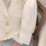 Yipinpay Crop Top Short Sleeve Blusas Mujer Puff Plaid Shirt Female Casual Suit Camisas Femme Striped Blouse Summer New Elegant