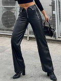 yipinpay Women's Leather Pants Zipper Leather Trousers Striaght Black Pant Solid High Waist Streetwear White Pu Faux Leather Pant