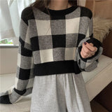 Yipinpay Crop Contrast Check Sweater Women Sueter Mujer Casual Knit Outwear Top 2023 Shirts for Women Blue Plaid Sweaters