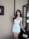 Yipinpay Woman Dress French Style Sexy Mesh Patchwork Ruffles Slim Square Collar Party Mini Dresses Backless Elegant Female