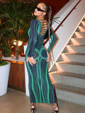 Yipinpay Line Printing Bodycon Long Dress Women Spring Long Sleeve Backless Sexy Party Dresses 2023 Nigh Club Vestidos For Women