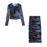 Yipinpay Fashion 2023 Women's Tulle Printed Sets Elegant O-neck Folds Top Mid-Calf Straight Skirts Long Sleeve Casual Suits
