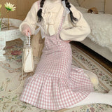 Yipinpay Kawaii Woolen Pink Plaid Mermaid Skirt Women Autumn Japanese Sweet Elegant High Waist Slim Strap Long Skirts Soft Girl
