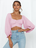 yipinpay Sleeve Top Women Tie Back Crop Top Y2K Square Neck T Shirt Slim Lantern Sleeve Tops New Year 2023 Fall Spring Woman Clothes