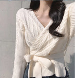 Yipinpay Waist Bandage Sweaters Chic Cross V Neck Argyle Pullovers Sweater Lazy Wild Black Twist Knitted Sweater Top Clothes Women