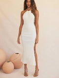 Yipinpay 18 Halter Neck Sexy Women White Long Dress High Slit Evening Party Dress Ladies Backless Bodycon Holiday Sundress 2023
