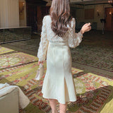 Yipinpay Long White Dress Women French Vintage V-neck Lace Slim Y2K Dress Spring Korean One Piece Casual Evening Party Dress 2023