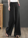 Yipinpay Summer New Chinese Cotton Linen Women's Pants Casual Loose Straight Pants Literary Vintage Thin Silk Hemp Wide Leg Pants