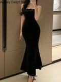 Yipinpay Black Velvet Floral Long Dress Women Vintage Spaghetti Strap Sleeveless Dress Fashion Casual Sexy Evening Party Dress New