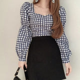 Yipinpay Crop Tops Blusa Mujer Vintage Square Collar Puff Long Sleeve Shirts Slim Thousand Bird Plaid Shirt Spring Blouse Lace Up