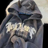 Yipinpay Horn Little Devil Letter Embroidered Zipper Hoodies Women Y2K Street Retro Trend Cardigan Couple Fashion Sweatshirt