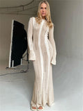 Yipinpay Knitwear Hollow Out Solid Maxi Dress For Women See-Through High Waist Loose Knit Autumn Dress Fashion Elegant Party Dress