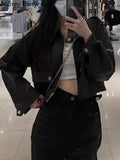 Yipinpay Cropped Leather Jacket Women Streetwear Moto Biker Zipper Leather Jacket Winter Punk Vintage Casual Blazer Leather Coat