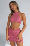 Yipinpay Womens Knitted Skirt Suit Solid Color Sleeveless Tie Back Halter Crop Tops With Summer Mini Skirt Club Street Style S M L
