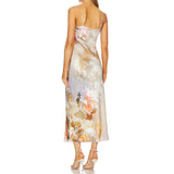 Yipinpay Fashion Womens Satin Long Dress Sleeveless Spaghetti Strap V Neck Floral Print Cocktail Party Dress Evening Gown Hot Sale