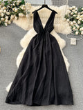 Yipinpay French Gentle Holiday Long Dress Summer Deep V-Neck Bandage A-Line Design Female Solid Sleeveless Party Sexy Sundress
