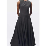 Yipinpay Spring 2024 Women Dark Gray Sleeveless Dress O Neck A-line Pleats Sexy Elegant Ladies Long Dresses