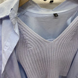 Yipinpay Crop Camisole Tank Tops 2 Piece Sets Blue Long Sleeve Shirt Women Casual Pleated Spring Blouse Wild White Shirt