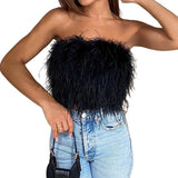 Yipinpay Women Clothes Artificial Fur Feather Vest Summer 2023 Sleeveless T-shirts Strapless Fluffy Backless Slim Tube Tops Streetwear