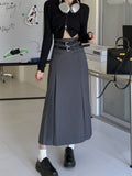 Yipinpay Vintage Belt Long Skirt Women Autumn 90s Aesthetic Streetwear Y2k High Waist Slim A-line Pleated Skirt Korean Style