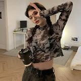 Yipinpay Sleeve T-shirts Women Tie-dye Printed Summer Sun-proof Cropped Tops Fashion High Street Gauze Korean Style Chic Teens Retro