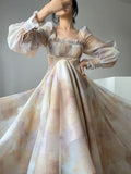 Yipinpay One Piece Dress Korean Fashion Beach 2023 Summer Casual French Elegant Midi Dress Woman Long Sleeve Vintage Floral Dress