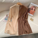 Yipinpay Sunscreen Top Contrast V-neck Chiffon Shirt Women Vintage Blusas Mujer Loose Flare Sleeve Blouse Bandage Suits Tops