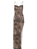Yipinpay Mo Leopard Print High Split V-Neck Sexy Bodycon Long Dress Women Lace Up Backless Dresses Female Straps Party Vestidos