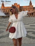 Yipinpay Fluffy Short Puff Sleeve Dress Women White High Waist V-neck Mini Dresses 2024 Summer New Ladies Elegant Vestidos