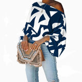 Yipinpay Women Off Shoulder Blouse Spring New Long Sleeve Office Shirts Tops Summer Fashion Boho Print Loose White Pullover Shirt