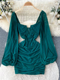 Yipinpay Fashion Sexy Slim Mini Dress Women Ruched Zipper Backless Lantern Sleeve American Streetwear Mesh Party Bodycon Dress