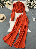 Yipinpay Spring Fashion OL Two Pieces Suits Lapel Neck Blouse+Pocket Wide Leg Long Pant 2024 Women Streetwear Retro Casual Sets