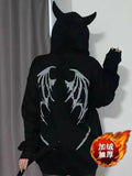 Yipinpay Women Hoodie Cartoon Devil Cowhorn American Retro Pullover 2024 New Couple Fashion Punk Coat Japanese Hip Hop Streetwear