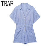 Yipinpay 2023 Woman Short Playsuit Blue Striped Summer Woman Jumpsuit Short Sleeve Women Jumpsuits Casual Loose Women's Monkey
