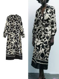 Yipinpay New Summer Women Printed Midi Dresses 2023 Elegant Fashion Turn Down Collar Dresses A-line Long Sleeve Mid-Calf Vestidos