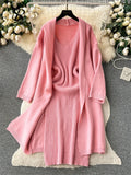 Yipinpay Autumn Thick Warm Knitted Suits 2024 Strap Knit Dress+Loose Long Cardigans Sweater Home Wear Casual Two Pieces Sets