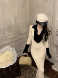 Yipinpay Knitted Dresses Women French Style V Neck Autumn Winter Basic Contrast Slim Stretch Elegant Dress Ladies Fashion