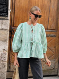 Yipinpay Lace Up Striped Shirts Women 2024 Spring Summer Chic Elegant O-neck Loose Long Sleeve Shirts Female Casual Strret Tops