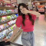 Yipinpay for Women O Neck Hollow Out Puff Short Sleeve Sweater Tops Jumper Jersey Slim Bow White Twist Sweater Pullover Sueter